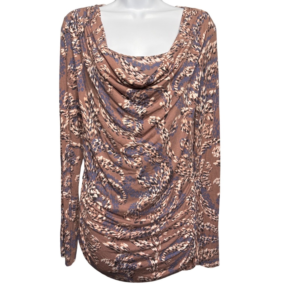 CAbi Womens Brown Abstract Print Cowl Neck Ruched Long Sleeve Tunic Top M Boho